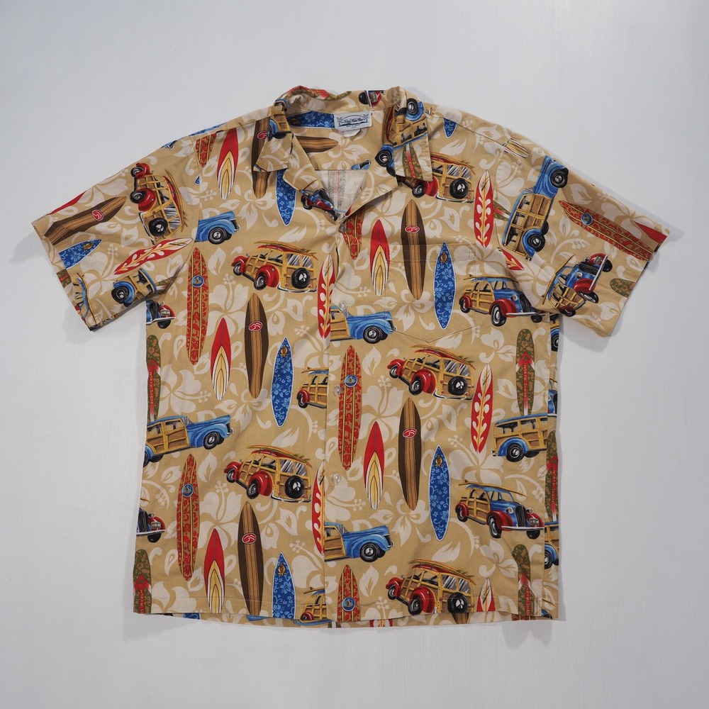Island Aloha Wear Camp Shirt Mens Extra Large Woody Surfboard Hawaiian USA Made